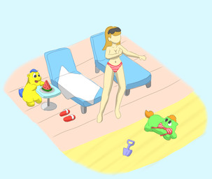 ambiguous_feral ambiguous_gender barefoot bikini black_eyes blonde_hair blue_hair blue_tail chair clothed clothed_human clothing clothing_theft dish eyewear eyewear_on_head featureless_face feet female female_human feral footwear fur furniture green_body green_fur group hair hand_over_breast hiding_breasts light_body light_skin looking_at_another looking_at_food looking_at_object looking_back looking_back_at_another lounge_chair mouth_hold on_hind_legs open_mouth orange_hair orange_tail pattern_bikini pattern_clothing pattern_swimwear red_bikini red_clothing red_footwear red_sandals red_swimwear running sand sandals shoes shovel smile standing stealing striped_bikini striped_clothing striped_swimwear stripes sunglasses sunglasses_on_head swimwear swimwear_theft tail tools trio two-piece_swimsuit two_tone_bikini wearing_sunglasses yellow_body yellow_fur young young_ambiguous young_feral carpdime fluffy_pony fluffy_pony_(species) human mammal digital_media_(artwork) shaded