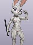 abs anthro areola biceps breasts clitoris club_(weapon) female flexing fur genitals grey_body grey_fur melee_weapon muscular muscular_anthro muscular_female navel nightstick nipples nude pose purple_eyes pussy solo weapon nsfy_(artist) disney zootopia judy_hopps lagomorph leporid mammal rabbit hi_res