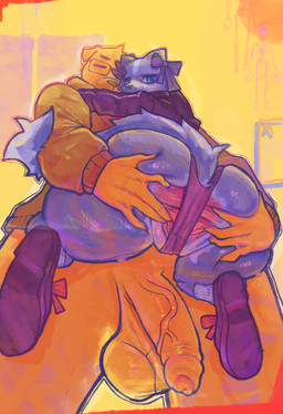 anthro anus balls big_butt bodily_fluids butt carrying_another carrying_partner clothing duo female genitals ineffective_clothing looking_back male male/female panties penis spread_anus spread_butt spread_vulva spreading sweat thick_thighs underwear vulva smashmat aggretsuko sanrio dokachin shikabane_(aggretsuko) canid canine mammal mephitid skunk absurd_res hi_res