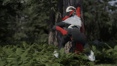 2_horns anthro black_body black_fur butt female fur genitals grass hair horn long_ears looking_at_viewer looking_back looking_back_at_viewer outside plant ponytail presenting presenting_hindquarters purple_eyes red_body red_fur solo tree vulva white_body white_fur doublestuffed palworld pocketpair incineram pal_(species) 16:9 3d_(artwork) blender_(artwork) digital_media_(artwork) hi_res widescreen
