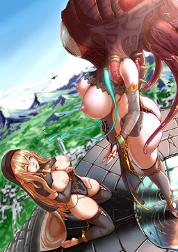 1_eye ambiguous_gender antennae_(anatomy) armwear big_breasts blonde_hair breasts butt clothed clothing corruption cuff_(restraint) detailed_background elbow_gloves female gloves green_eyes group hair handcuffs handwear headdress huge_breasts humanoid_pointy_ears infection kneeling legwear long_hair metal_cuffs mind_control mountain nipples not_furry outside parasite partially_clothed pointy_ears pregnant restraints ring shackles slave submissive submissive_female tentacles thigh_highs translucent translucent_clothing what_has_magic_done wimple yakou elf humanoid mammal tentacle_creature hi_res