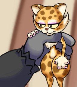 4_fingers anthro black_body black_fur claws countershading duo eyelashes eyeshadow female fingers fur humor lifting makeup male markings purple_claws spots spotted_body spotted_fur tan_body tan_fur thick_thighs tuft yellow_body yellow_fur pamvllo full_of_milk/soup_(meme) kirby_(series) kirby_and_the_forgotten_land nintendo clawroline gorimondo_(kirby) ape felid gorilla haplorhine leopard mammal pantherine primate