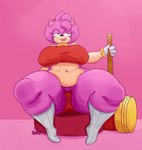 accessory anthro bedroom_eyes belly big_breasts big_butt black_nose breasts butt camel_toe clothing curvy_figure female footwear fur genital_outline gloves green_eyes hair hammer handwear headband holding_object holding_weapon huge_breasts huge_thighs narrowed_eyes navel overweight overweight_anthro overweight_female panties pink_background pink_body pink_fur pink_hair pussy_outline red_clothing red_panties red_topwear red_underwear seductive short_hair simple_background sitting socks solo tan_body tan_skin thick_thighs tongue tongue_out tools topwear underwear weapon wide_hips spicysausages sega sonic_the_hedgehog_(series) amy_rose eulipotyphlan hedgehog mammal 2021 hi_res