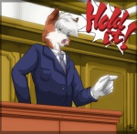 alternate_species anthro attorney button_(fastener) clothed clothing courtroom dialogue exclamation_point fur furrification glistening gloves green_eyes hair handwear humanoid_pointy_ears male necktie open_mouth orange_body orange_fur pockets pointy_ears shadow short_hair solo suit text tongue white_body white_fur white_hair yelling furryratchet ace_attorney capcom phoenix_wright canid canine fox mammal better_version_at_source digital_media_(artwork) english_text