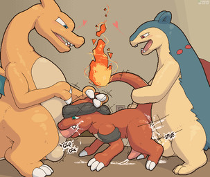 1_horn 2_horns 3_fingers 3_toes accessory all_fours anal anal_orgasm anal_penetration armband balls big_balls big_penis biped blue_body blue_eyes blue_fur blue_tuft blush blush_lines bodily_fluids butt claws countershading cum cum_drip cum_from_nose cum_in_ass cum_in_mouth cum_in_nose cum_inside cum_on_belly cum_on_body cum_on_butt cum_on_face cum_on_ground cum_on_leg cum_splatter cum_string cum_while_penetrated dominant drinking drinking_cum dripping ejaculation erection face_fucking fangs feet fellatio feral feral_on_feral feral_penetrated feral_penetrating feral_penetrating_feral finger_claws fingers fire flaming_tail foreskin fur genital_fluids genitals green_eyes group group_sex hand_on_back hand_on_belly hand_on_ground hand_on_head hands-free headband heart_symbol horn inside interspecies irrumatio larger_dom male male/male male_penetrated male_penetrating male_penetrating_male markings membrane_(anatomy) membranous_wings motion_lines onomatopoeia oral oral_penetration orange_body orange_scales orgasm outlet paws penetration penile penis penis_in_mouth pink_penis pink_tongue red_body red_eyes red_markings red_scales scales sex shadow size_difference smaller_penetrated snout sound_effects spitroast standing tail tail_hug tan_balls tan_body tan_countershading tan_fur tan_penis tapering_penis teeth text throbbing throbbing_penis tiptoes toe_claws toes tongue trio tuft white_claws wings conditional_dnp phosaggro mythology nintendo pokemon charizard charmeleon dragon generation_1_pokemon generation_2_pokemon mammal mythological_creature mythological_scalie pokemon_(species) scalie typhlosion 2022 aliasing cel_shading dated digital_media_(artwork) hatching_(art) shaded signature