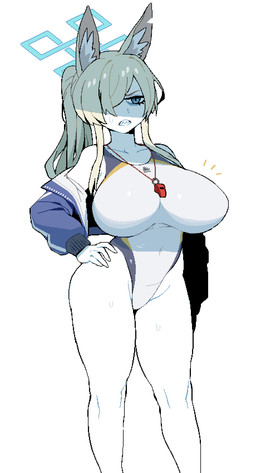 angry big_breasts breasts clothing emanata female female_humanoid inner_ear_fluff jacket navel one-piece_swimsuit sharp_teeth solo swimwear teeth thick_thighs topwear tuft whistle_(object) cibastion humanoid 2026 hi_res