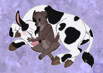 anthro cuddling duo female feral hooves hug larger_feral lying male male/female petting sitting size_difference smaller_anthro spots stretched_ears arwenscoots conditional_dnp bovid bovine canid canine canis cattle domestic_dog holstein_friesian_cattle mammal