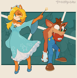 5_fingers anthro blonde_hair bodily_fluids breasts brown_body brown_fur brown_hair choker cleavage clothed clothing cosplay crossover_cosplay crown dress duo eyebrows female fingers footwear fur gloves green_eyes hair handwear hat headgear headwear high_heels jewelry male multicolored_body multicolored_fur necklace one_eye_closed saliva shoes tan_body tan_fur torn_clothing two_tone_body two_tone_fur wand white_body white_fur wink triggerpigart activision crash_bandicoot_(series) mario_bros nintendo super_mario_galaxy coco_bandicoot crash_bandicoot mario rosalina_(mario) bandicoot mammal marsupial crossover hi_res signature brother_(lore) brother_and_sister_(lore) sibling_(lore) sister_(lore)