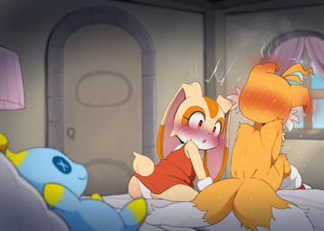 2_tails anthro bed biped blush bodily_fluids clothing detailed_background dipstick_tail duo female footwear fur furniture male markings multi_tail multicolored_body multicolored_fur open_mouth orange_body orange_fur panties rear_view scut_tail shoes short_tail sitting sweat tail tail_markings tan_body tan_fur tan_tail underwear white_body white_fur white_tail_tip young dagasi sega sonic_the_hedgehog_(series) cream_the_rabbit miles_prower canid canine fox lagomorph leporid mammal rabbit 2025 hi_res