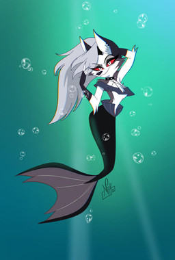 alternate_species anthro black_choker black_jewelry black_necklace black_tail breasts bubble choker clothing crop_top ear_piercing female fingerless_gloves gloves grey_hair hair handwear jewelry long_hair mermaidification necklace on_style piercing red_sclera shirt small_breasts smile solo spiked_choker split_form tail topwear underwater water white_eyes nippy13 hellaverse helluva_boss mythology loona_(helluva_boss) aquatic canid canid_demon canine demon hellhound mammal merfolk mythological_canine mythological_creature