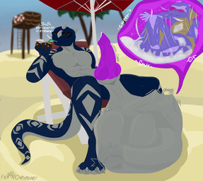 anthro beach_chair big_penis bodily_fluids cock_vore cum duo footprint genital_fluids genitals hyper male male/male muscular muscular_male pawprint penile penis safe_vore simple_background sitting vore willing_prey chehpaper mythology dragon mythological_creature mythological_scalie scalie digital_drawing_(artwork) digital_media_(artwork) hi_res