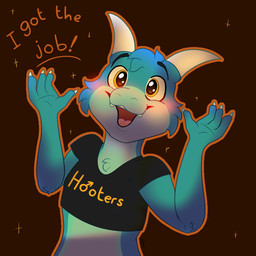 anthro black_clothing black_topwear blue_body blue_fur blue_markings cheek_tuft claws clothed clothed_anthro clothed_male clothing facial_tuft fluffy fluffy_chest fluffy_hair fur hair happy head_tuft hired hooters_uniform horn male markings open_mouth orange_eyes orange_text partially_clothed short_hair solo sparkles speech_bubble star text text_on_clothing tongue topwear tuft vest white_claws white_horn wide_eyed sammywhich hooters kobold scalie 1:1