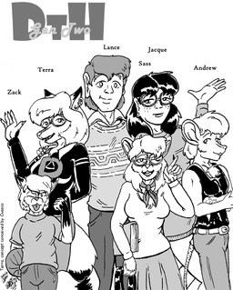 anthro ball basketball_(ball) book breasts dipstick_tail ear_piercing ear_ring eyewear female freckles fur glasses group hair male markings one_eye_closed piercing ring_piercing tail tail_markings thin_tail wink young young_female young_male style_wager dela_the_hooda jaque_smith canid canine fox hooda human mammal mouse murid murine rodent character_request greyscale monochrome