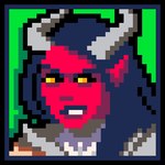 2_horns black_border black_eyebrows black_lips border clothed_female clothed_humanoid clothing eyebrows female female_humanoid furrowed_brow green_background grey_clothing grey_horn horn humanoid_pointy_ears lips not_furry orange_eyes pointy_ears red_body red_skin simple_background smile solo toothy_smile yellow_sclera chiefbradley dungeons_and_dragons hasbro oxventure wizards_of_the_coast prudence_(oxventure) horned_humanoid humanoid tiefling 1:1 2018 colored digital_media_(artwork) hi_res icon pixel_(artwork) shaded