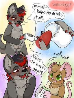 adult_on_toddler bodily_fluids bottle container cum cum_in_a_baby_bottle cum_in_bottle cum_in_container cum_in_mouth cum_inside cum_on_penis diaper drooling genital_fluids genitals licking_mouth male male/male open_mouth penis piercing saliva size_difference speech_bubble young young_male simplerat toast_(simplerat) canid canine canis mammal mouse murid murine rat rodent wolf absurd_res hi_res