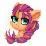 accessory braided_hair cheek_tuft chest_tuft ear_tuft eyebrows eyelashes facial_tuft female feral fluffy green_eyes hair hair_accessory hair_tie multicolored_hair purple_hair simple_background smile tongue tongue_out tuft white_background vird-gi hasbro mlp_g5 my_little_pony sunny_starscout_(mlp) earth_pony equid equine horse mammal pony 1:1 bust_portrait hi_res portrait