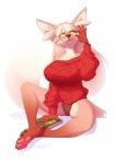 anthro barefoot big_breasts biped book breasts claws clothed clothing digitigrade eyewear feet female glasses hindpaw panties pawpads paws simple_background sitting solo sweater toe_claws toes topwear underwear yellow_eyes kyander loyse canid canine fox mammal 2018 digital_media_(artwork) hi_res