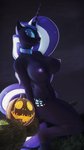 3d_(artwork) 9:16 anthro anthrofied big_breasts breasts broom cleaning_tool digital_media_(artwork) equid equine female hasbro hi_res horn idw_publishing jack-o'-lantern mammal my_little_pony my_little_pony_(idw) mythological_creature mythological_equine mythology night nightmare_rarity_(idw) nude sitting solo thenicedragon unicorn