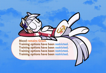 accessory alternate_form anchor_symbol bangs blunt_bangs blush blush_stickers bow_ribbon breaking_the_fourth_wall clothing crossed_legs cutie_mark ear_cuff eyes_closed female feral feralized fur gameplay_mechanics grey_body grey_fur grey_hair hair hair_accessory hair_bow hair_ribbon hand_behind_head hat head_strap headgear headwear hoof_on_chest lying on_back ponification raised_leg relaxing ribbons sleeping smile solo text text_box tracksuit applejoople cygames hasbro my_little_pony uma_musume_pretty_derby gold_ship_(pretty_derby) equid equine horse mammal pony 2025 cel_shading english_text full-length_portrait hi_res portrait shaded