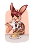 anthro armor brown_body brown_fur brown_hair cake carrot carrot_cake clothed clothing crop_top dessert eating food fur gauntlets gloves hair handwear heart_symbol jewelry long_ears male necklace open_mouth orange_eyes plant shirt simple_background smile solo tongue topwear vegetable kenoxpictures glass_(oc) lagomorph leporid mammal rabbit absurd_res hi_res