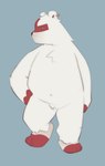absurd_res anthro bear belly ear_piercing ear_ring full-length_portrait fur hand_on_hip hi_res male mammal navel nude overweight overweight_anthro overweight_male pawsve piercing polar_bear portrait pose ring_piercing simple_background solo ursine white_body white_ears white_fur