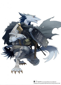 ambiguous_gender ammo_belt anthro ballistic_shield camo cape claws clothing digitigrade gun handgun machine_gun ranged_weapon red_eyes shield simple_background solo tactical_gear tail weapon white_background azuma iosw mammal sergal hi_res