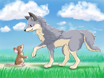 ambiguous_gender animal_genitalia black_eyes black_nose blush brown_body brown_fur claws cloud day detailed_background duo feet feral fluffy fur genitals grass grey_body grey_fur looking_at_another multicolored_body multicolored_fur outside paws plant quadruped sheath size_difference sky tail tan_body tan_fur toes white_body white_fur fusau canid canine canis mammal mouse murid murine rodent wolf 2022 4:3 detailed