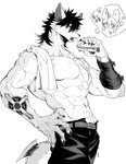 abs ambiguous_gender anthro arm_tattoo belt biceps big_ears black_bottomwear black_clothing black_hair black_pants bottomwear chest_scar chibi claws clothed clothing cross cross_tattoo eating eyebrows eyelashes finger_claws food hair hand_on_hip heart_symbol holding_food holding_object kemono looking_at_viewer male muscular muscular_anthro muscular_male open_mouth pants pecs raised_hand sandwich_(food) scar short_hair simple_background solo spiked_tail spikes spikes_(anatomy) standing tail tattoo text topless topless_anthro topless_male towel towel_on_shoulder white_background fish7163 canid canine canis fennec_fox fox mammal true_fox wolf artist_name greyscale hi_res japanese_text monochrome portrait three-quarter_portrait