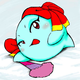 bedding blue_body blush bow_ribbon brown_eyes eyelashes female folding_fan front_view ghost_tail hand_fan head_bow holding_fan looking_at_viewer lying mostly_nude not_furry on_bedding on_side open_mouth open_smile ribbons simple_background smile smiling_at_viewer solo white_background sunekajiri mario_bros nintendo paper_mario lady_bow boo_(mario) ghost sphere_creature spirit 1:1 2008 aliasing digital_media_(artwork) low_res