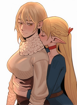 accessory arms_down biped blonde_hair blush braided_hair breasts choker clothed clothing duo eyebrows eyelashes eyes_closed feathers female female/female fingernails hair hair_accessory hairclip hand_on_belly happy hug hugging_another humanoid_pointy_ears jewelry kissing_neck light_body long_hair looking_aside nails necklace on_another pointy_ears red_choker red_hairclip red_jewelry red_necklace simple_background smile standing straight_hair tan_clothing tan_topwear teal_clothing teal_topwear thick_eyebrows topwear white_background white_body white_feathers yellow_eyes 286456 delicious_in_dungeon falin_touden marcille_donato elf human humanoid mammal 2025 absurd_res colored digital_drawing_(artwork) digital_media_(artwork) half-length_portrait hi_res portrait shaded