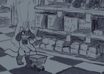 ambiguous_gender anthro detailed_background duo food groceries grocery_store inside shopping_cart size_difference solo_focus standing supermarket conditional_dnp dacad nintendo pokemon canid canine generation_4_pokemon human mammal pokemon_(species) riolu greyscale lol_comments monochrome