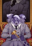 3_heads anthro bottomless chair clothed clothing eyebrow_piercing facial_piercing featureless_crotch fur furniture hammer holding_hammer holding_object holding_tool lip_piercing male multi_head multifur necktie nose_piercing piercing portrait_(object) purple_body purple_fur sitting snout solo suit throne tools elafi european_mythology greek_mythology mythology canid canid_demon canine cerberus demon hellhound mammal mythological_canine mythological_creature 2020 hi_res