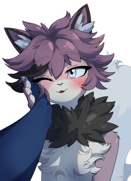 5_fingers :3 anthro big_tail biped black_body black_fur black_hair black_hair_tip blep blue_arms blue_body blue_eyes blue_fur blue_inner_ear_fluff blue_nose blue_pawpads blue_tail cheek_grab chest_tuft duo eyebrow_through_hair eyebrows eyelashes femboy fingers first_person_view fluffy fluffy_chest fluffy_tail fur grabbing_cheek hair hand_holding handpaw headpat humanoid_hands inner_ear_fluff long_hair male male/male markings multicolored_body multicolored_fur narrowed_eyes neck_tuft one_eye_closed pawpads paws petting pink_body pink_fur pink_markings purple_body purple_eyebrows purple_fur purple_hair simple_background standing tail tongue tongue_out translucent translucent_hair tuft white_background white_sclera nulia luzenith_lawchi qatto_(qin) canid canine canis dire_wolf domestic_cat felid feline felis mammal prehistoric_species wolf 2026 digital_drawing_(artwork) digital_media_(artwork) hi_res shaded