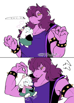 4_fingers ^_^ ambiguous_gender annoyed anthro barefoot biped bracelet carrying_another chibi climbing_on clothed clothing colored_nails cute_fangs duo ellipsis eyes_closed eyewear fangs feet female female_anthro fingers flailing floppy_ears freckles front_view fully_clothed fur glasses green_clothing hair happy heart_print heart_symbol horn hug humanoid_hands jewelry larger_anthro larger_female lifted_by_clothing long_hair looking_at_another monotone_body monotone_fur monotone_hair nails open_mouth open_smile pink_horn pink_scarf print_clothing purple_body purple_clothing purple_hair purple_nails purple_shirt purple_topwear scarf sharp_nails shirt simple_background size_difference smaller_ambiguous smaller_anthro smile snaggle_tooth snout spiked_bracelet spikes teeth tomboy topwear white_background white_body white_ears white_fur yellow_sclera mochimochiland deltarune undertale_(series) ralsei susie_(deltarune) bovid caprine darkner goat lightner mammal reptile scalie colored digital_media_(artwork) hi_res signature