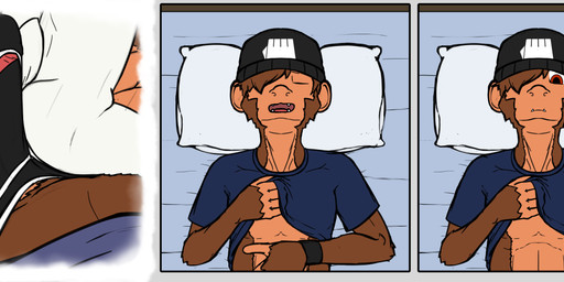 5_fingers anthro anthro_on_anthro beanie bed big_bulge big_penis black_clothing black_hat black_headwear black_underwear black_wristband boxer_briefs brown_body brown_fur brown_hair bulge clothed clothing detailed_bulge duo erection exclamation_point fangs fingers fur furniture genital_outline genitals grinding hair hair_over_eye hand_on_chest hat headgear headwear interspecies larger_anthro larger_male looking_down lying male male/male male_on_bottom male_on_top morning_wood motion_lines on_back on_bed on_bottom on_pillow on_top one_eye_obstructed open_mouth orange_body orange_fur pantsless penis penis_outline pillow pink_penis raised_clothing raised_shirt raised_topwear red_eyes sharp_teeth shirt short_tail size_difference sleeping smaller_anthro smaller_male speech_bubble tail tan_body tan_fur teeth tenting topwear underwear white_clothing white_underwear wristband young young_anthro thekingbros nintendo pokemon koji_(thekingbros) vermillion_(thekingbros) generation_8_pokemon haplorhine lagomorph mammal monkey pokemon_(species) primate scorbunny 2021 comic hi_res multiple_scenes