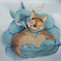 anthro arms_around_partner barazoku biceps big_muscles blush brown_body brown_fur claws deltoids duo eyebrows fur fuzzy grey_body grey_fur grin hug hugging_another hugging_from_behind intraspecies looking_at_viewer love male male/male muscular muscular_anthro muscular_male red_eyes romantic romantic_couple simple_background size_difference smile smiling_at_viewer teeth trapezius white_body white_fur yellow_eyes pinumontbalou dreamworks puss_in_boots_(franchise) the_bad_guys death_(puss_in_boots) mr._wolf_(the_bad_guys) canid canine canis mammal wolf 1:1 crossover hi_res traditional_media_(artwork)