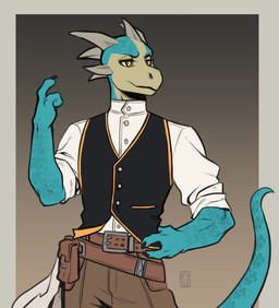 anthro belt belt_pouch blue_body bottomwear claws clothed clothing head_spikes lizard_tail male pants shirt simple_background solo spikes spikes_(anatomy) tail tan_body topwear vest yellow_eyes faint epic_games levitating_pizza unreal_(series) rammaris_(maaarked_one) alien gen_mo'kai lizard reptile scalie digital_media_(artwork)