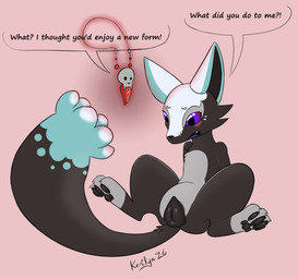 after_transformation animal_genitalia animal_vulva belly black_body black_fur blush blush_lines canine_genitalia canine_vulva female feral fluffy fluffy_tail fur gender_transformation genitals grey_belly grey_paws jewelry leg_markings magic markings necklace pawpads paws purple_eyes red_background simple_background skull_(marking) socks_(marking) solo spread_legs spreading tail transformation vulva kerilyn nintendo pokemon canid canine fox generation_8_pokemon mammal nickit pokemon_(species) hi_res
