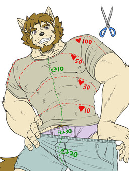 anthro beard bottomwear bottomwear_pull brown_eyes brown_hair clothed clothing clothing_pull facial_hair fur hair hand_on_hip like_goal male muscular muscular_anthro muscular_male nipple_outline pube_peek pubes purple_clothing purple_underwear retweet_goal scissors shirt shorts shorts_pull simple_background smile smiling_at_viewer smirk smirking_at_viewer solo t-shirt tan_body tan_fur topwear underwear white_background run_aki strip_meme canid canine canis mammal hi_res