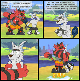 3_eyes black_boots black_clothing black_footwear black_markings blue_tongue blush boots clothing cybernetic_eye cybernetic_limb cybernetic_tail cybernetics dialogue duo footwear fur grey_body grey_fur hovering hug machine male male/male markings multi_eye red_body red_fur rocket_boots shoes text tongue overkelion nintendo pokemon tahu_(incineroar) zalno generation_7_pokemon incineroar pokemon_(species) comic english_text hi_res