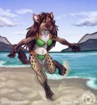 anthro beach bikini breasts clothing eyes_closed female hair happy long_hair outside seaside solo swimwear two-piece_swimsuit manda_panda hyena mammal spotted_hyena 2015