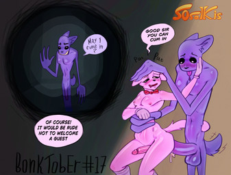 anal anal_penetration anthro big_penis black_eyes blush bow_tie clothed clothing duo genitals gloves gloves_only handwear handwear_only humanoid_genitalia humanoid_penis legwear male male/male mostly_nude partially_clothed penetration penis pink_body purple_body smile speech_bubble stockings tall text sosalkis english_text hi_res