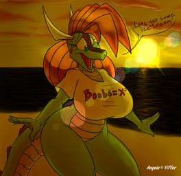 anthro beach big_breasts bottomless breasts clothed clothing cloud female huge_breasts non-mammal_breasts outside seaside sky solo sunset tail badgerben mythology angela_(badgerben) dragon mythological_creature mythological_scalie scalie hi_res