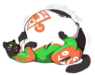 anthro belly big_belly black_body black_fur bloated clothing digestion_noises female fur furry_tail green_clothing green_eyes green_outfit huge_belly logo paws pink_snout racing_suit smile solo tail thin_tail tongue tongue_out torn_clothing vore wardrobe_malfunction boot_(artist) savannah_(boot) felid feline mammal werecat werecreature werefelid werefeline 2018 hi_res