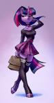 anthro bag bottomwear breasts choker clothing female footwear hair holding_handbag holding_object horn jewelry legwear necklace ponytail pose purple_eyes purple_hair school_uniform skirt socks solo uniform holivi friendship_is_magic hasbro my_little_pony mythology twilight_sparkle_(mlp) equid equine mammal mythological_creature mythological_equine unicorn 2019 hi_res purple_theme