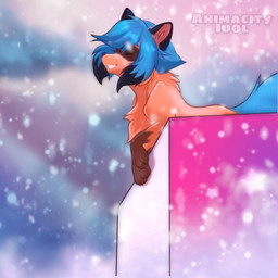 blue_body blue_fur blue_hair brown_body brown_fur chest_tuft female feral fluffy fluffy_tail fur hair outside paws smile snow solo tail tuft animacityidol brand_new_animal studio_trigger michiru_kagemori canid canine mammal raccoon_dog tanuki 1:1 2020 digital_media_(artwork)