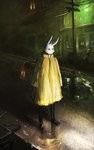 ambiguous_gender anthro boots city cityscape clothing coat detailed_background footwear outside power_lines raincoat raining reflection shoes solo topwear tomtc dr_rabbit_(tomtc) lagomorph leporid mammal rabbit 5:8 absurd_res hi_res painting_(artwork) traditional_media_(artwork)