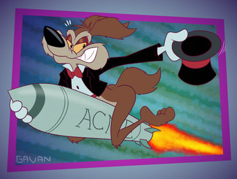 anthro bared_teeth black_clothing black_jacket black_topwear bow_tie brown_body brown_fur clothed clothing collared_shirt dress_shirt fire flaming_tail fur gloves handwear hat headgear headwear jacket male pose red_bow_tie rocket shirt sitting_on_rocket smug_grin solo tail teeth top_hat topwear white_clothing white_gloves white_handwear white_shirt white_topwear yellow_eyes gavanzude acme acme_products looney_tunes that's_all_folks warner_brothers wile_e._coyote canid canine canis coyote mammal alternate_version_at_paywall alternate_version_at_source hi_res