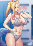 blonde_hair bodily_fluids breasts cleavage clothed clothing fellatio_gesture female gesture hair hand_on_hip panties solo suggestive suggestive_gesture sweat underwear gonster league_of_legends riot_games tencent ahri_(lol) animal_humanoid humanoid hi_res