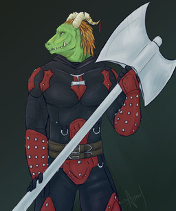 armor axe clothed clothing feathers fully_clothed horn melee_weapon scales solo weapon astrael_(artist) microsoft the_elder_scrolls the_dark_brotherhood_(the_elder_scrolls) argonian scalie